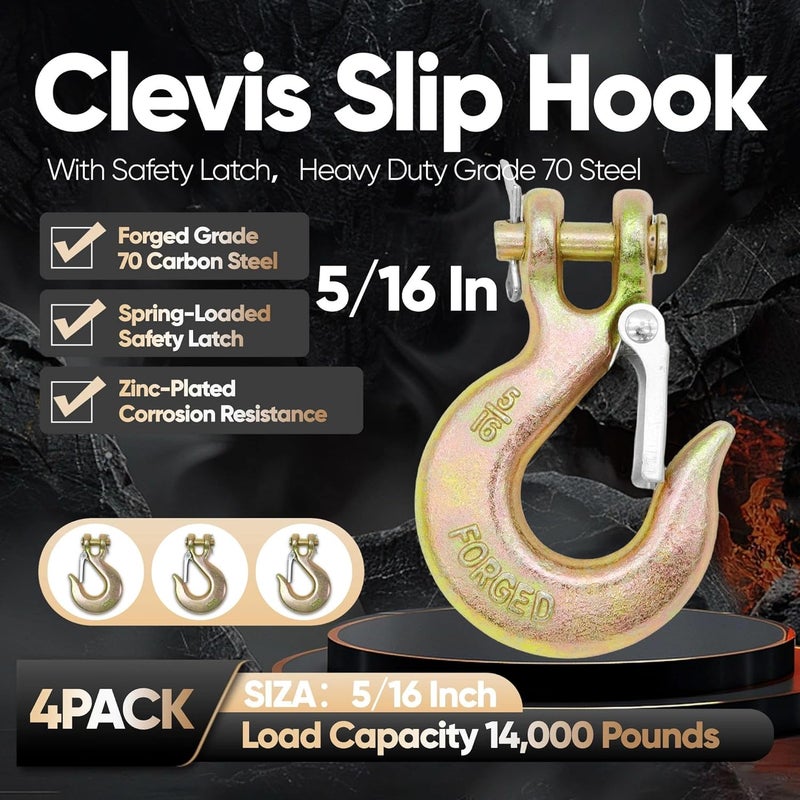 Terixe 4 Pack 5/16 Inch Clevis Slip Hook with Safety Latch - Heavy Duty Grade 70 Steel for Trailer Chains, Winch, Tow, 14000 Lbs - Image 2